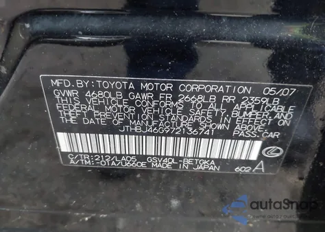 2007 Lexus Es 350 z USA, uszkodzony, nr VIN JTHBJ46G972136741